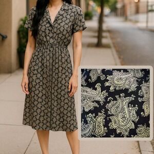 Virgo II | VTG Paisley Collared Midi Dress w/ Pockets Size 12‎ Boho Chic Vintage